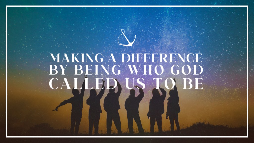 Silhouette of a group raising arms with hands in "victory" pose with text overlaid, "Making a difference by being who God called us to be" 