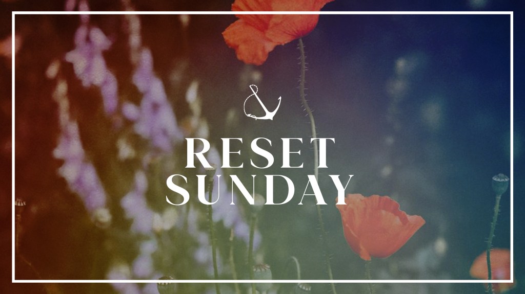 Image of flowers in a field with text overlaid, "Reset Sunday"