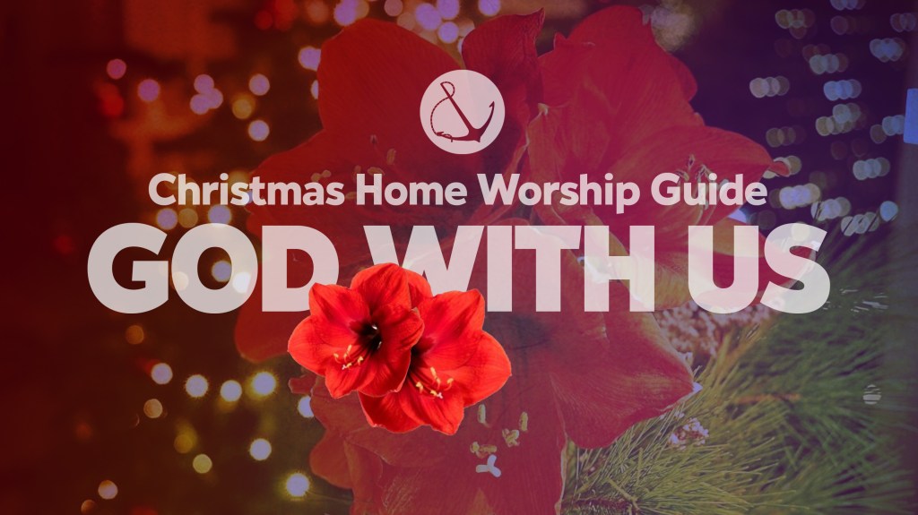 Image of red Christmas flowers with text overlaid, "Christmas Home Worship Guide: God With Us"