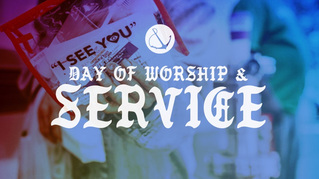 Image of a person holding an "I See You" care kit with text overlaid, "Day of worship & service"
