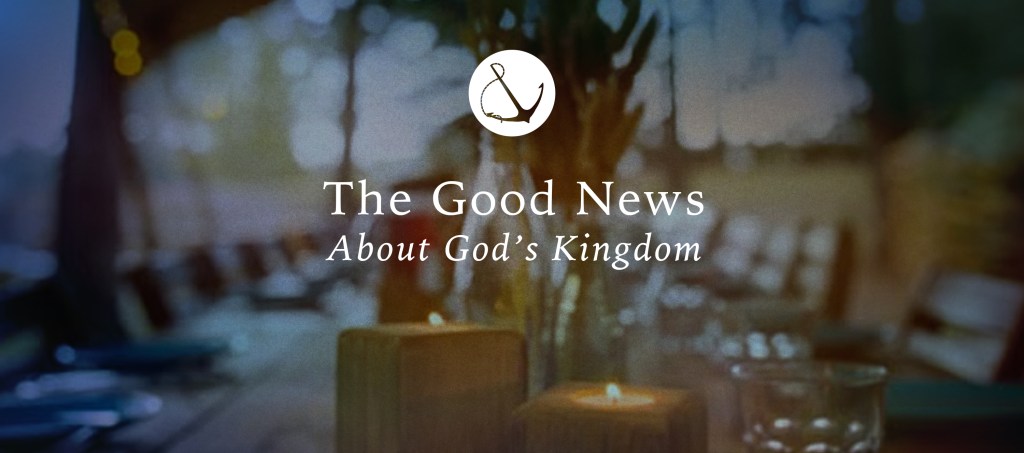 Image of a long table outdoors with text overlaid, "The Good News About God's Kingdom"